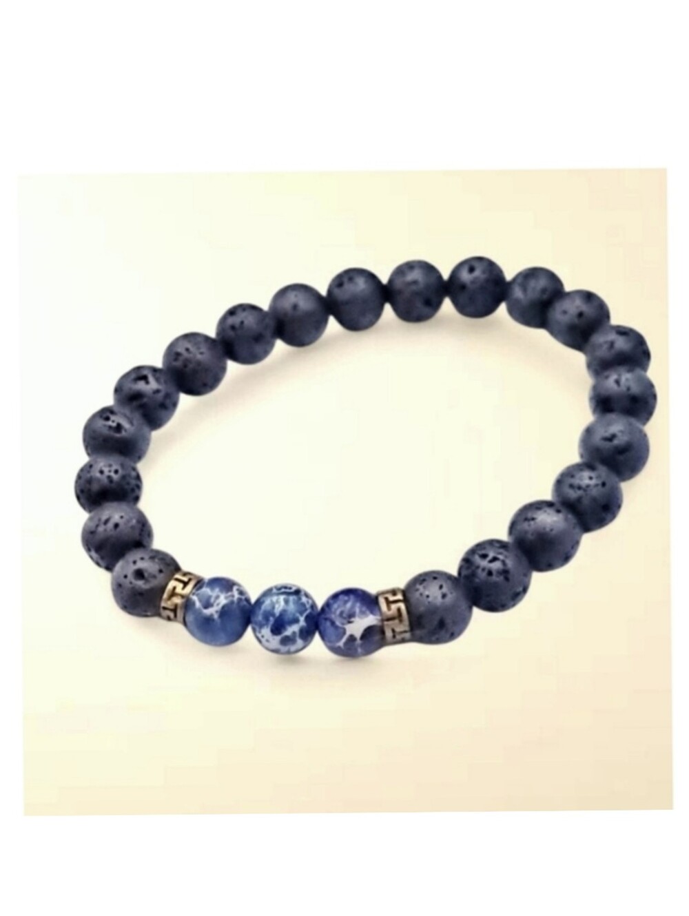 Black Lava Stone Stretch Bracelet with 3 Blue Marbled Accent Beads